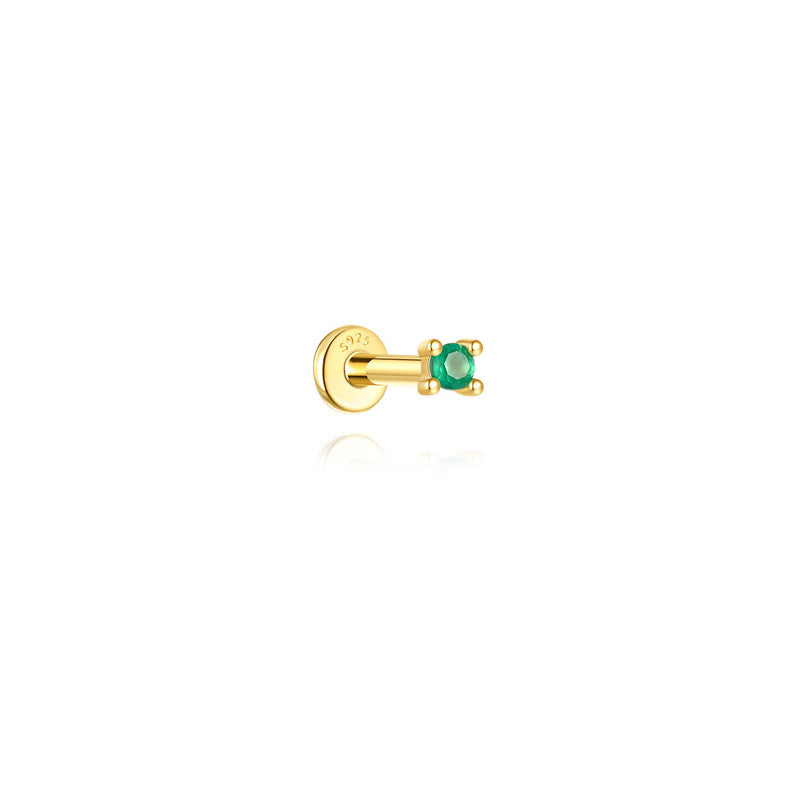 S925 Sterling Silver Gold Plated Round Green Zircon Four-Prong Flat Back Cartilage Earring