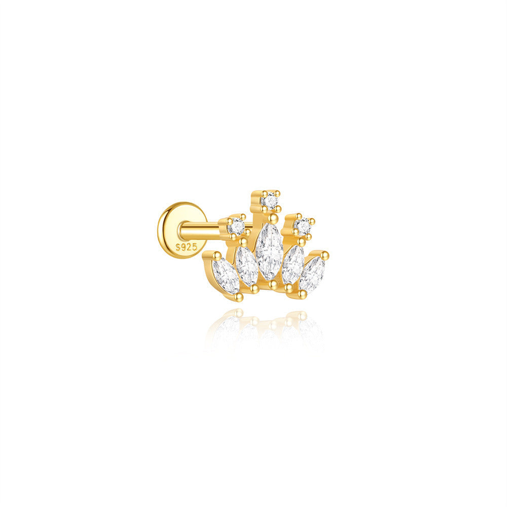 S925 Sterling Silver Gold Plated Marquise & Round CZ Crown Flat Back Cartilage Earring