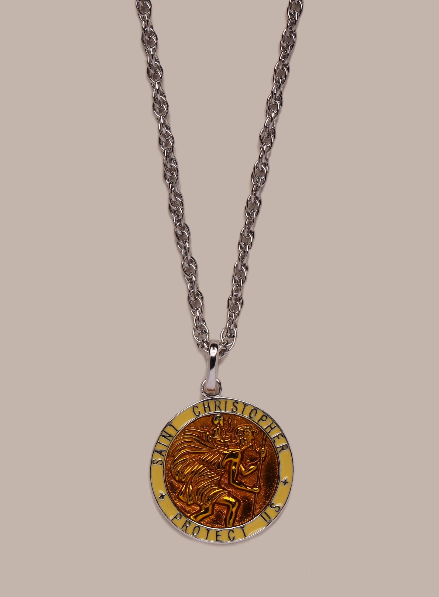 925 Sterling Silver Yellow/Saffron Enamel St Christopher Pendant Necklace