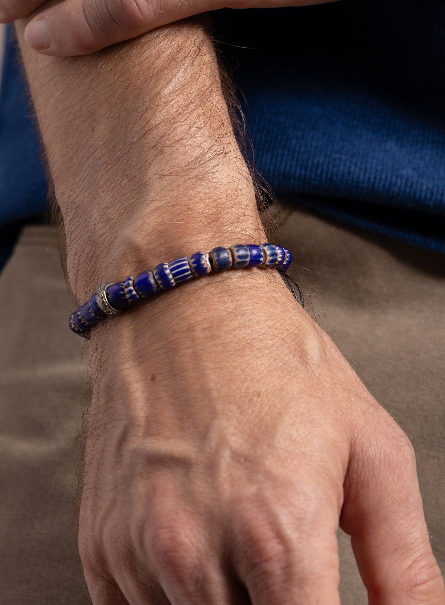 One-of-a-kind Diamond + African Blue Chevron Bead Bracelet