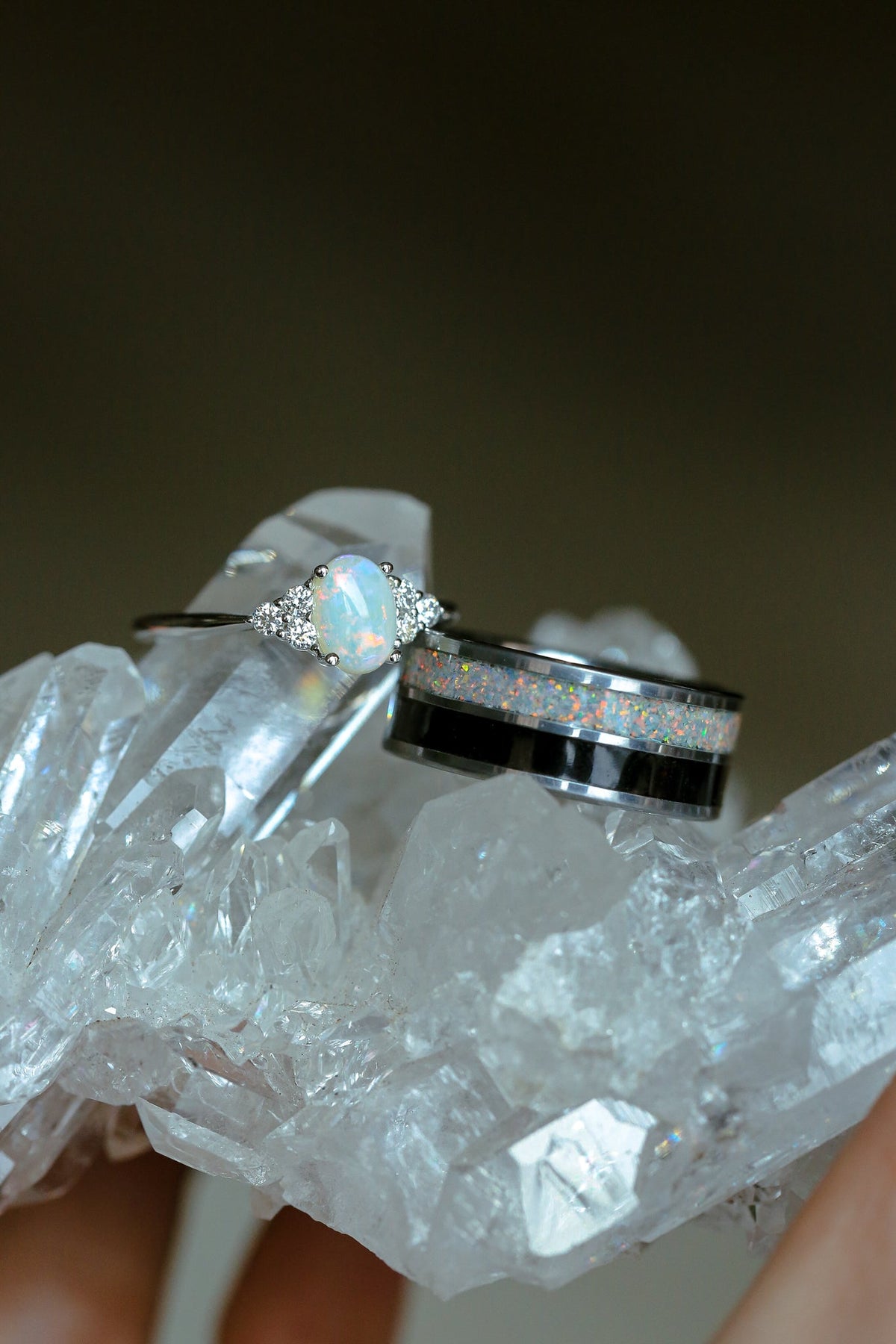 "Rhea" - Oval Cabochon Cut White Opal Engagement Ring With Diamond Accents