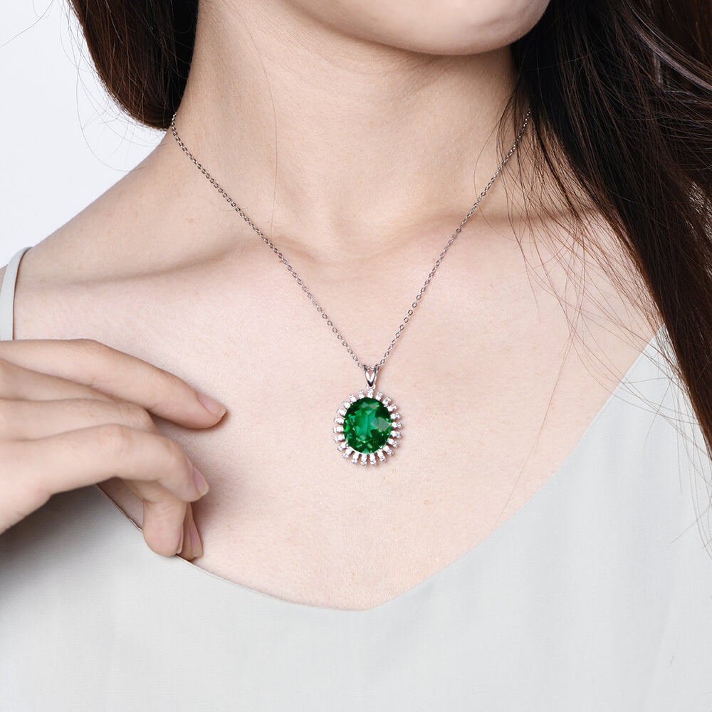 Oval Lab-Created Emerald Flower Sterling Silver Necklace