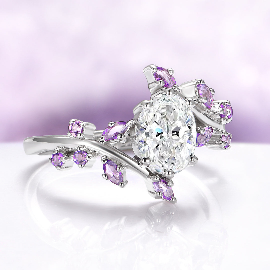Oval Lab Diamond & Amethyst Leaf Engagement Ring in 14K White Gold (IGI Certified)