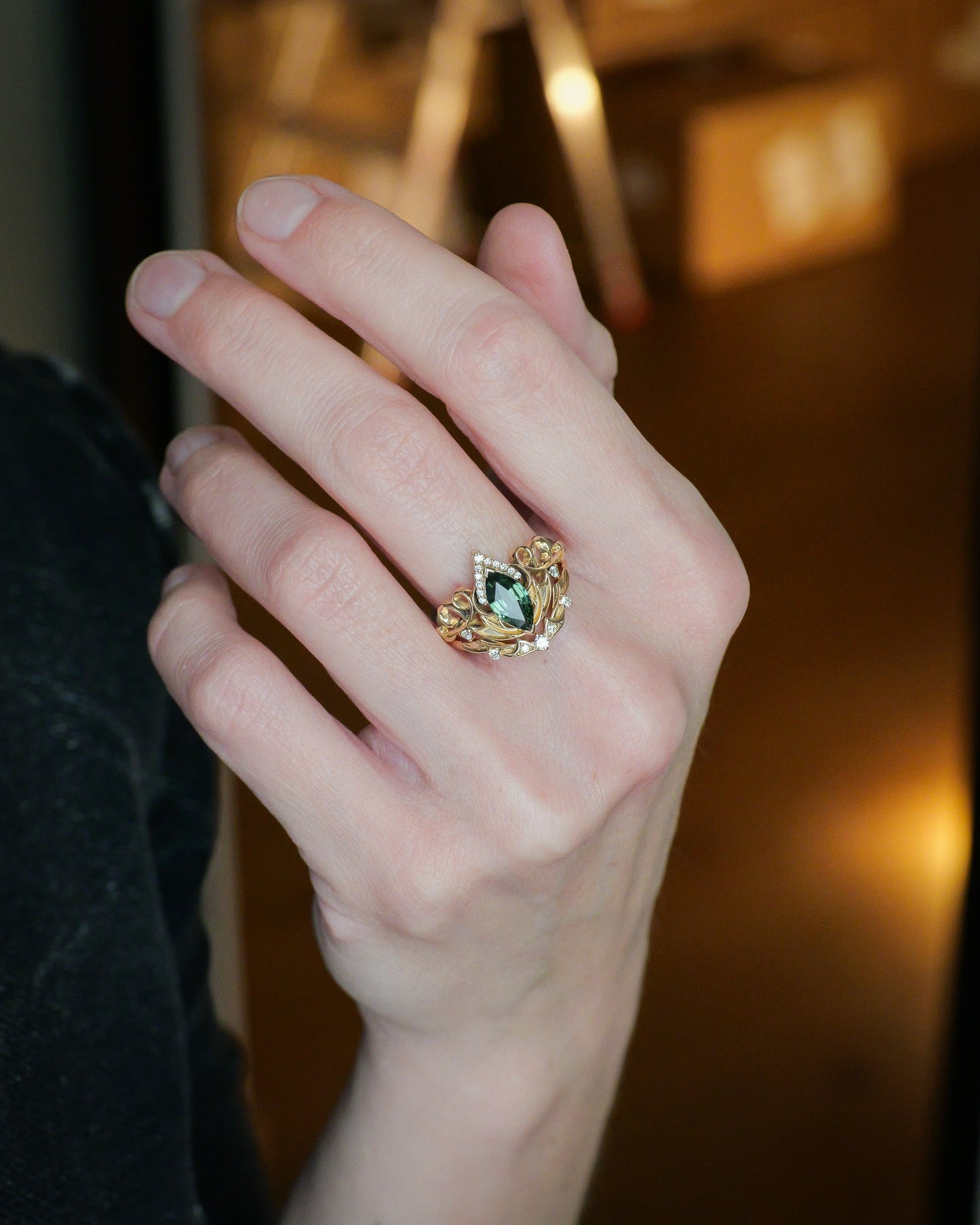 READY TO SHIP Draco Engagement Ring With Green Marquise Sapphire, 14K yellow gold, RING SIZES 5.5 - 8.5 US