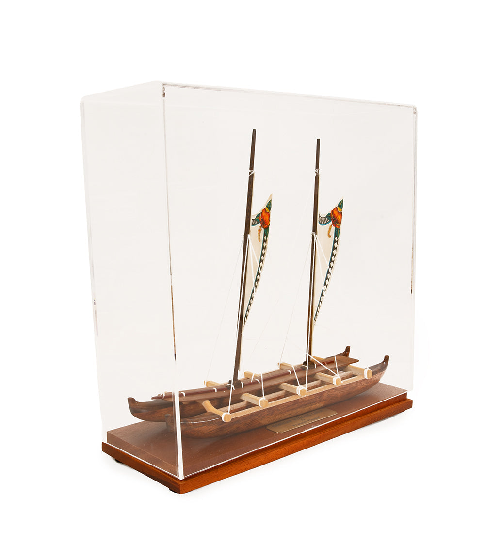 Koa 11.5”L Canoe "Hawaiian Voyage 2 Hull Sail/Hibiscus" by Francis Pimmel - PIMM46485C