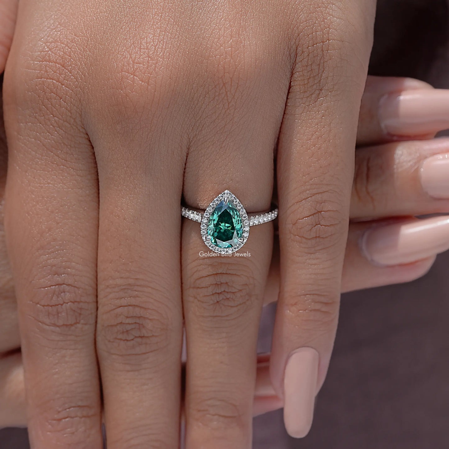 Green Pear Moissanite Halo Accent Wedding Ring