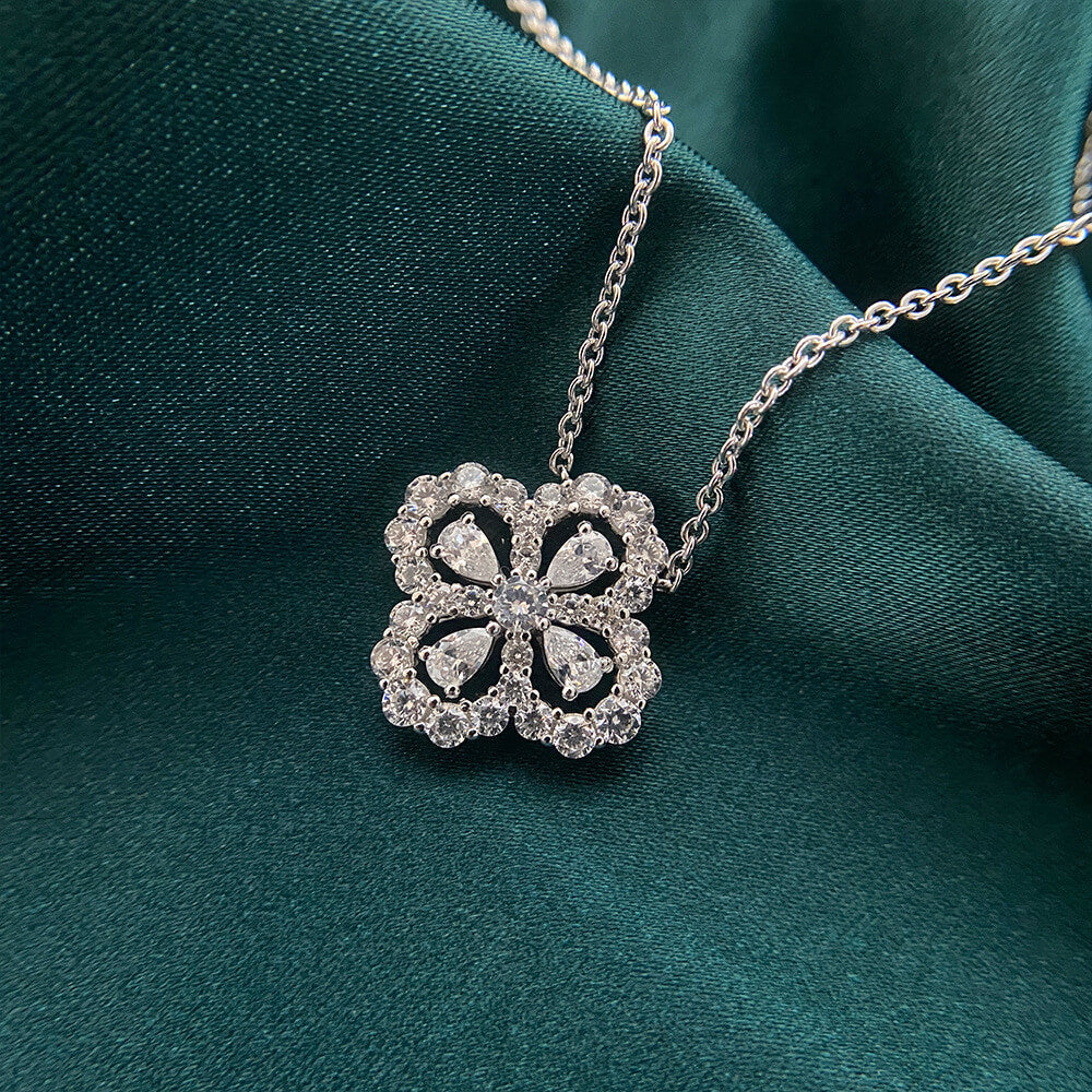 Pear Lab-Sapphire Four Leaf Clover Sterling Silver Necklace