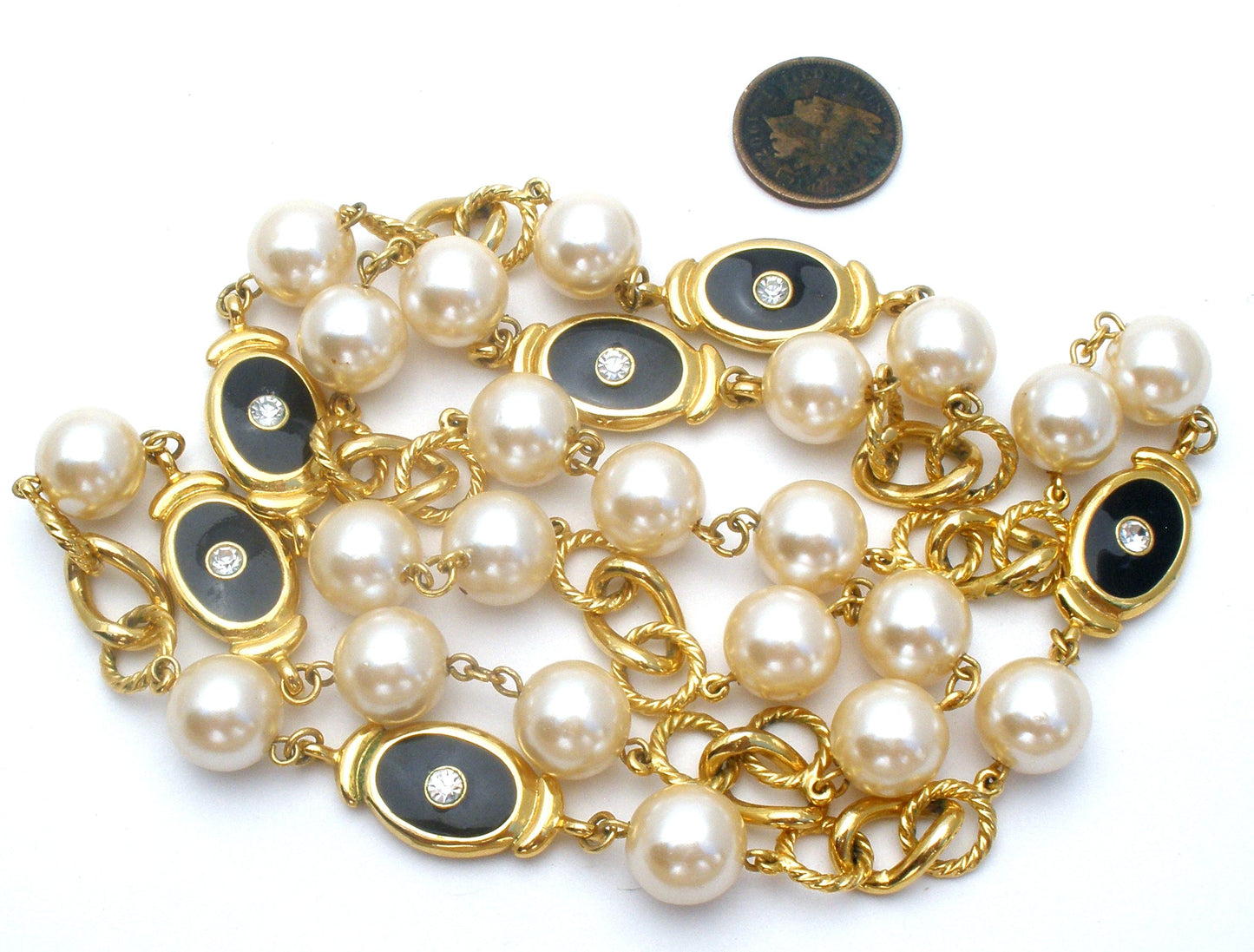Pearl Rhinestone & Black Enamel Necklace 32"