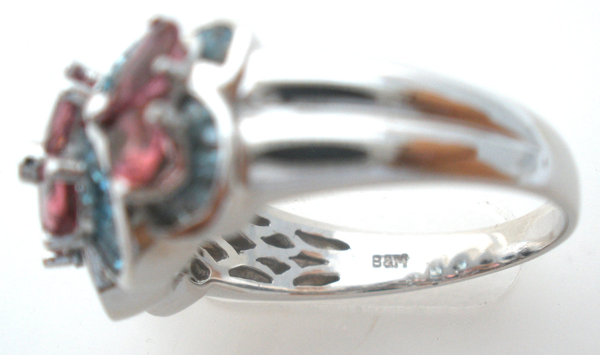 Pink Tourmaline Blue Topaz 14K Gold Ring Size 9