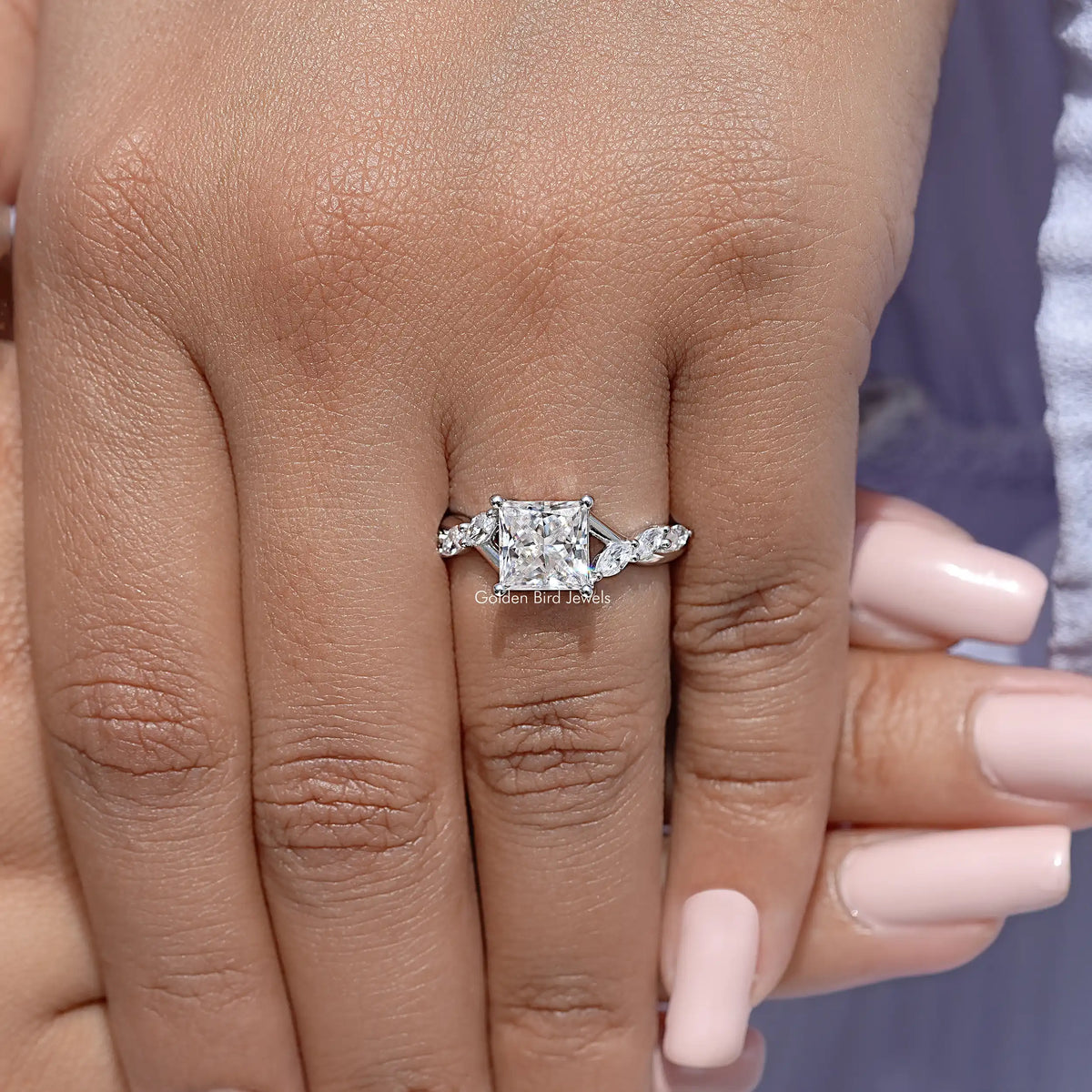 Colorless Square Cut Moissanite Floral Promise Ring