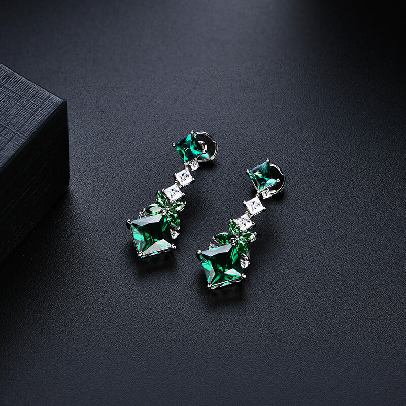 Princess Cut Emerald Chain Drop Earrings In Sterling Silver