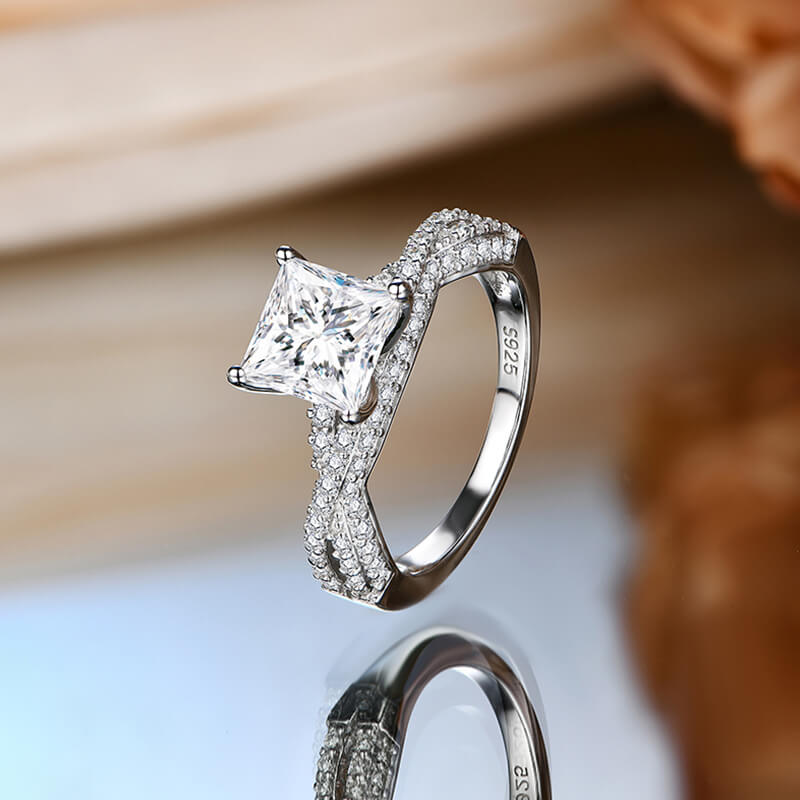 Princess Cut Moissanite Four Rows Crossed Engagement Ring