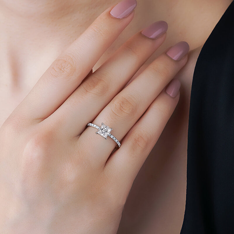 Princess Cut Moissanite Pave Engagement Ring In Sterling Silver