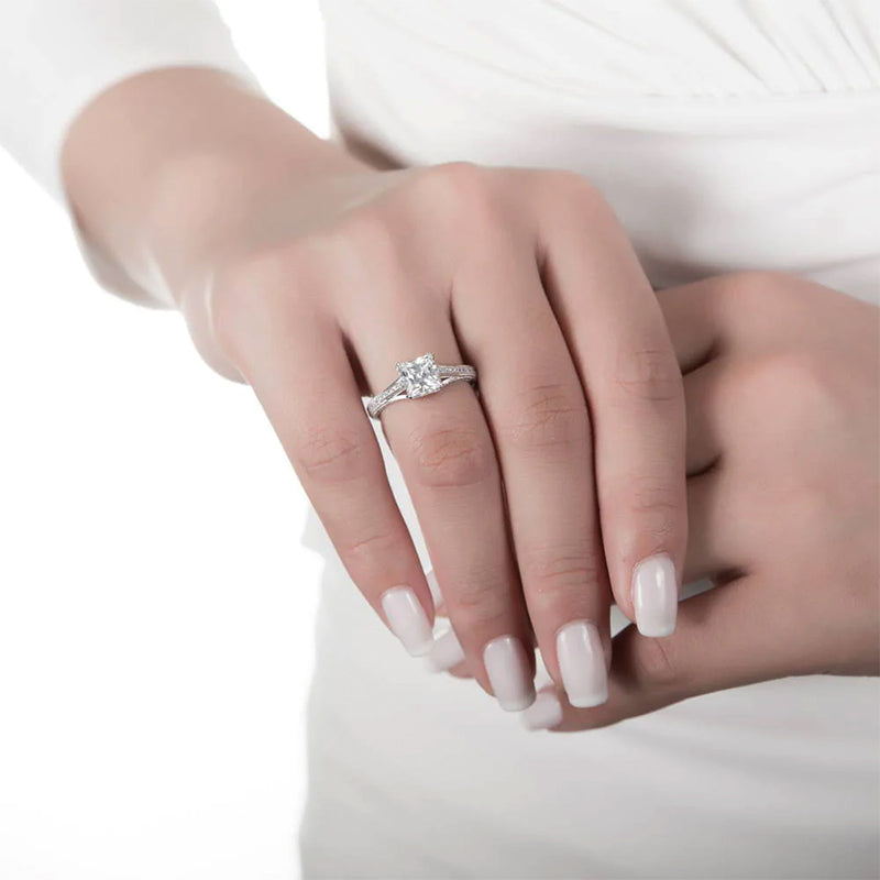 Princess Cut Moissanite Triple Row Pave Engagement Ring