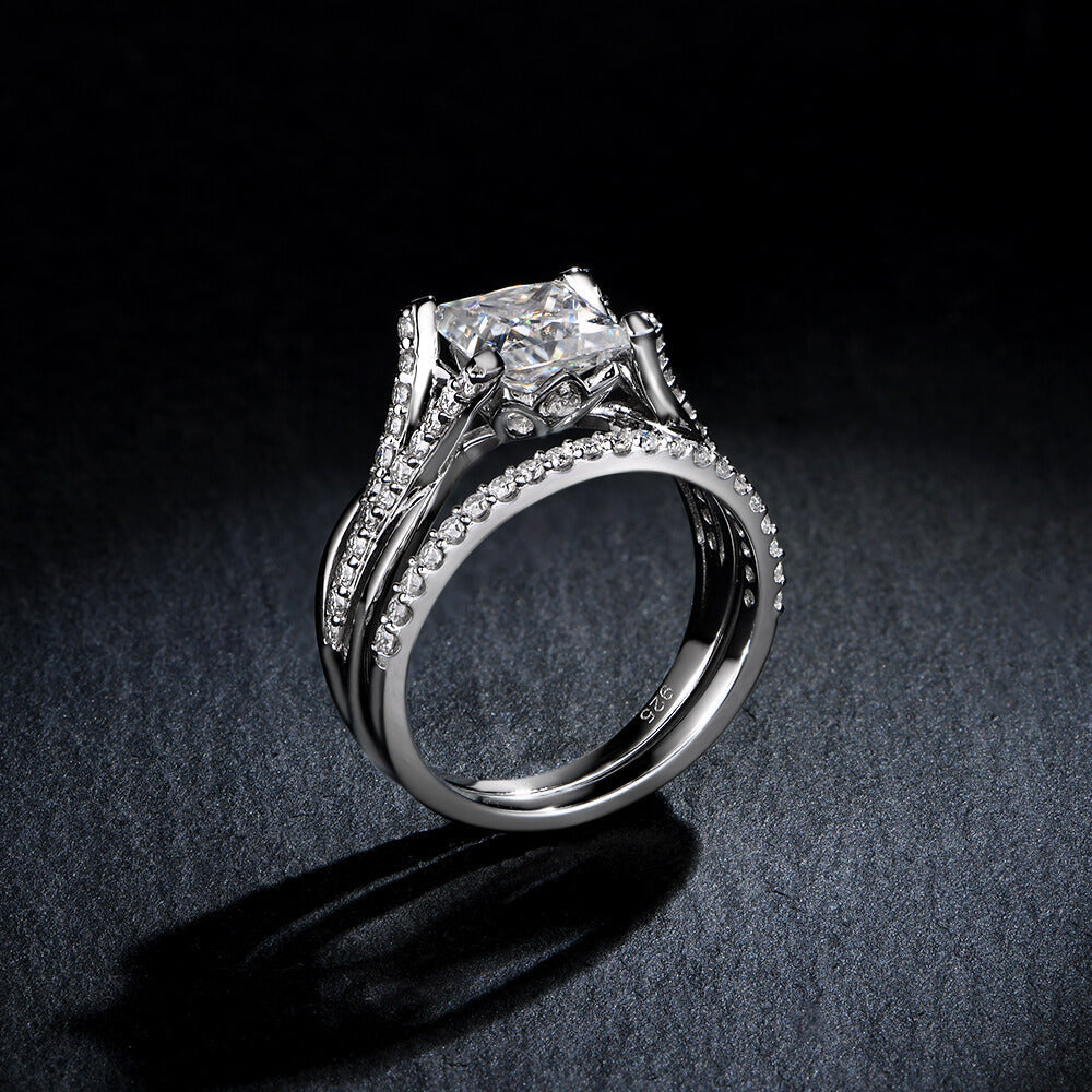 Princess Moissanite Split Shank Pave Bridal Engagement Ring Set