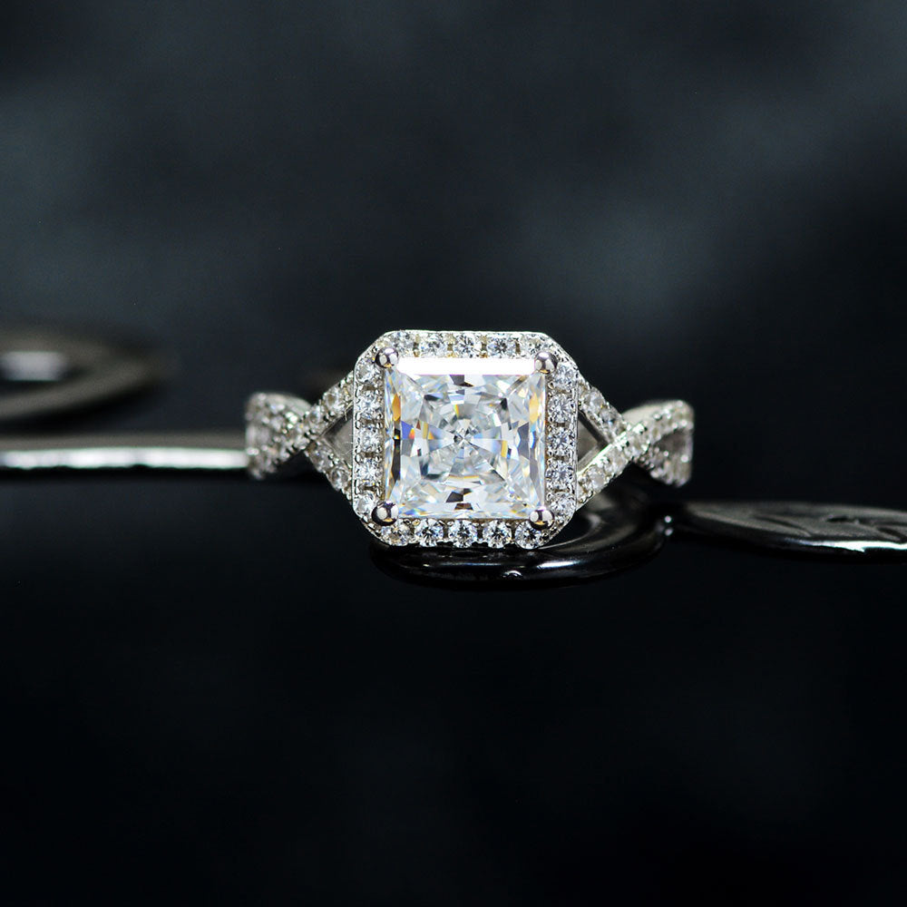 Halo Princess Cut Moissanite Twisted Pave Sterling Silver Ring
