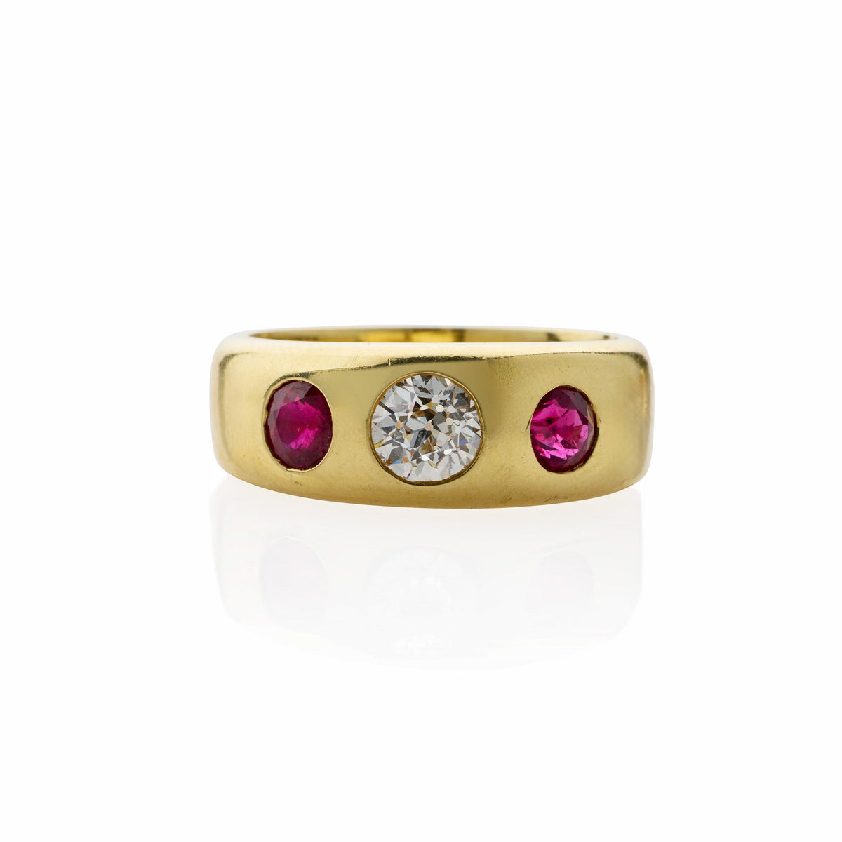Pair of Victorian Three Stone Diamond, Ruby and Sapphire Rings