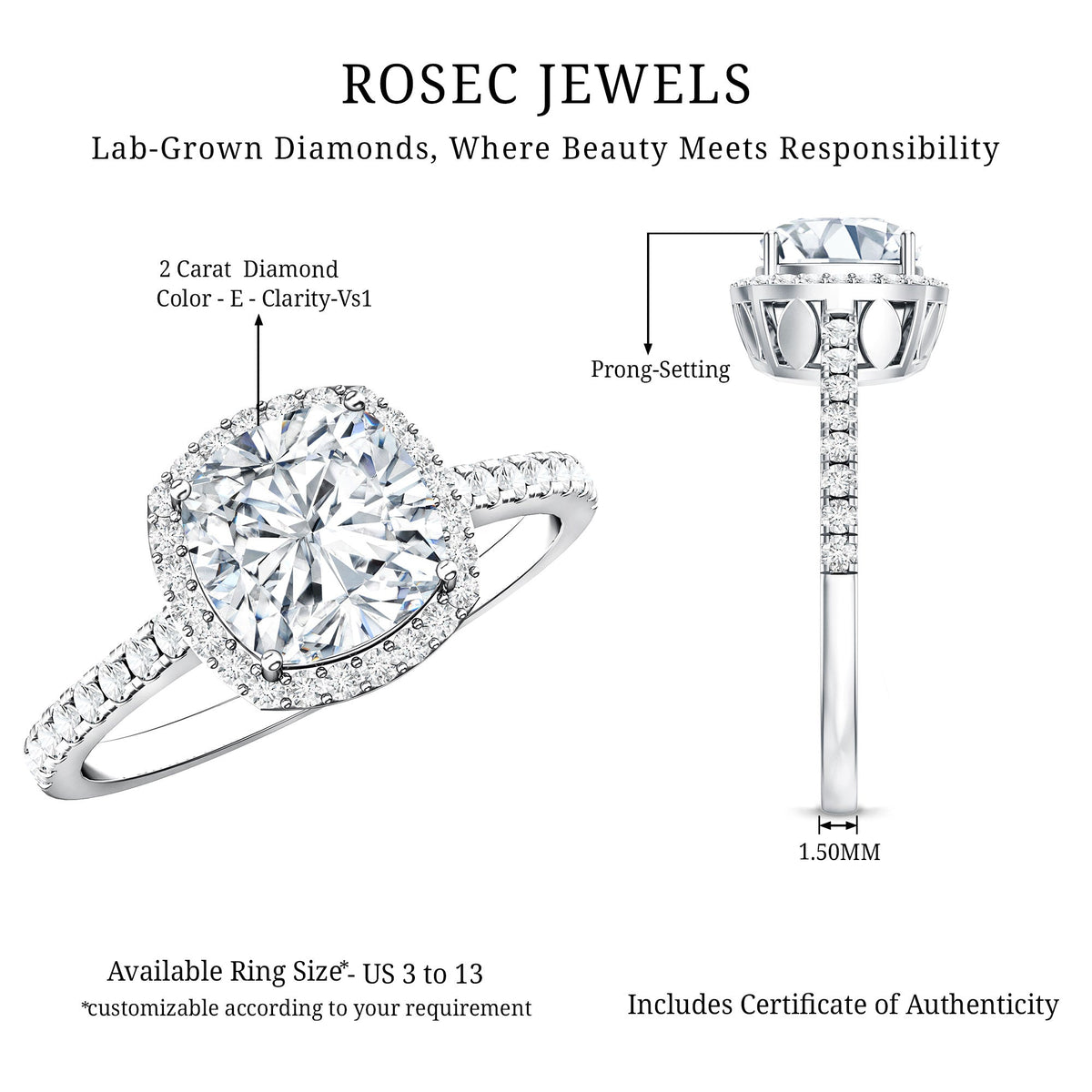 IGI Certified 2 Carat Cushion Cut Lab Grown Diamond Halo Engagement Ring
