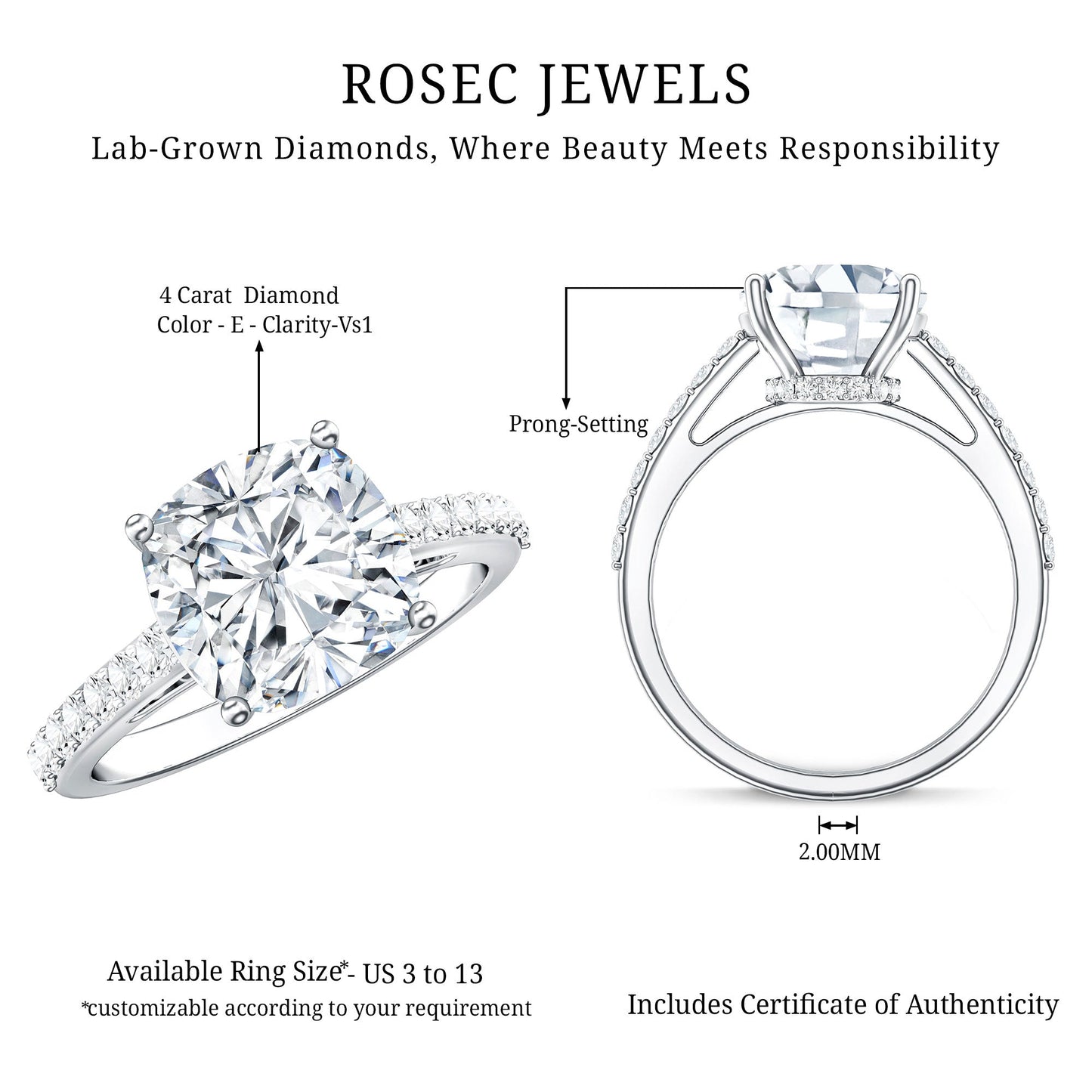 IGI Certified 4 Carat Lab Grown Cushion Diamond Engagement Ring with Hidden Halo