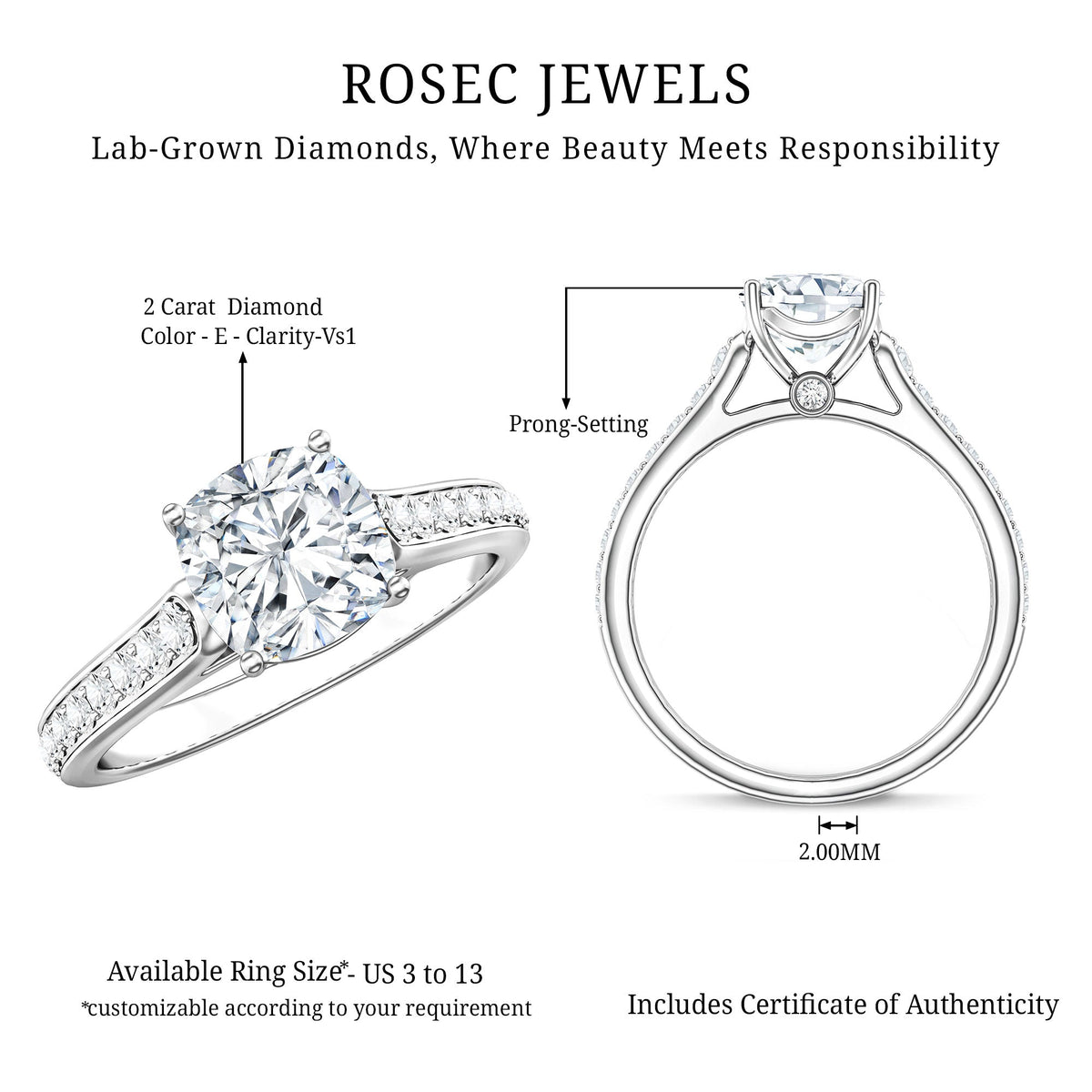 Cushion Cut 2 Carat Lab Grown Diamond Side Stone Engagement Ring IGI Certified