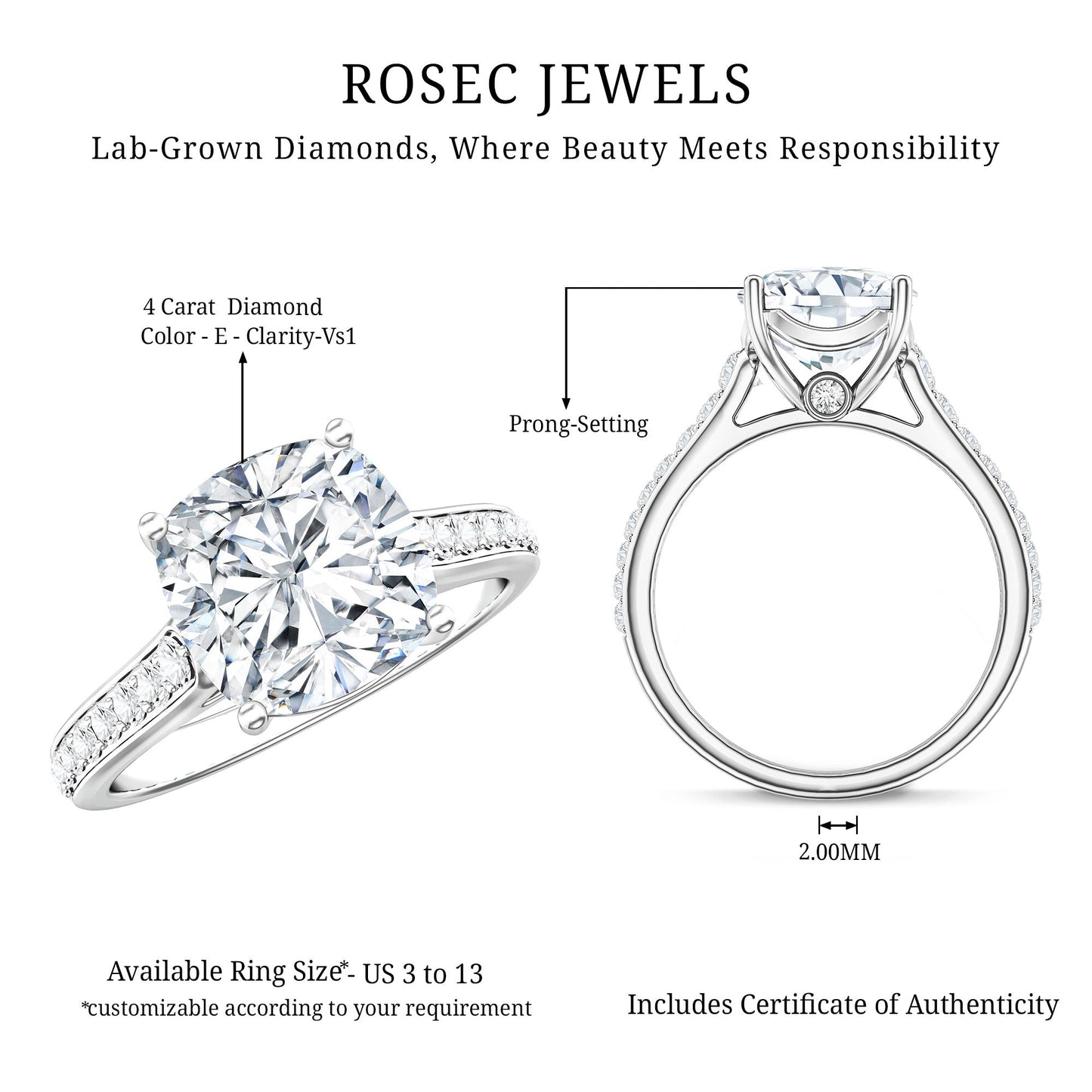4 Carat Engagement Ring with IGI Certified Cushion Cut Lab Grown Diamond