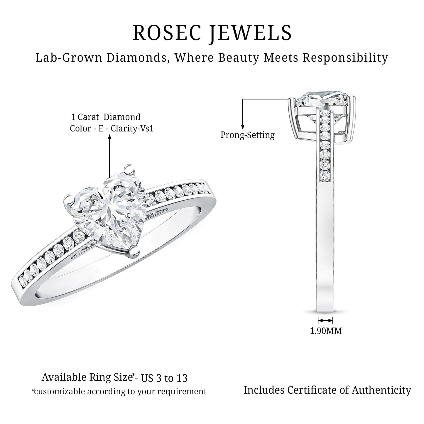 IGI Certified 1 Carat Heart Shaped Lab Grown Diamond Engagement Ring with Side Stones