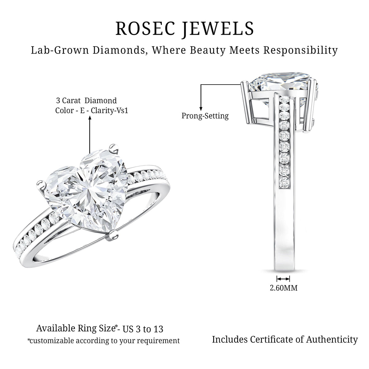 IGI Certified 3 Carat Lab Grown Diamond Heart Engagement Ring