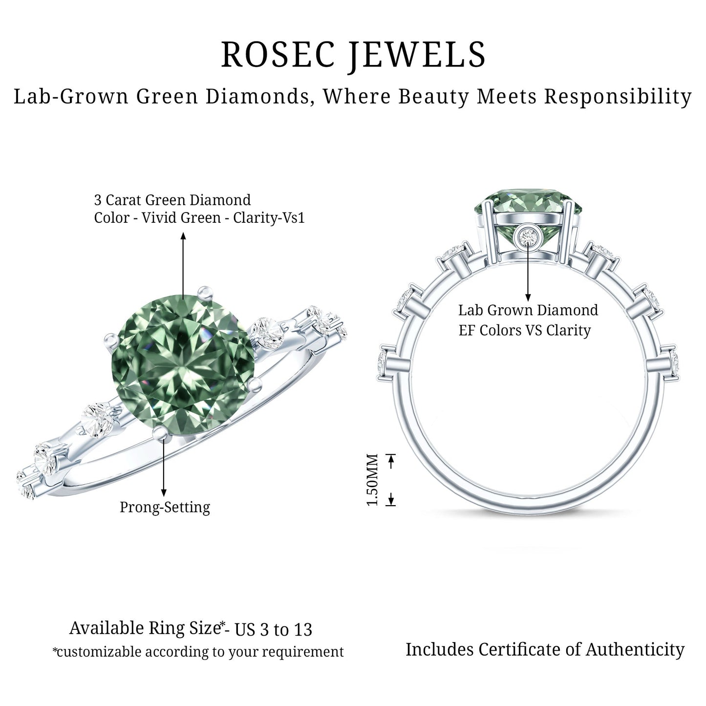 Lab Grown 3 Carat Green Diamond Engagement Ring with IGI Certificate