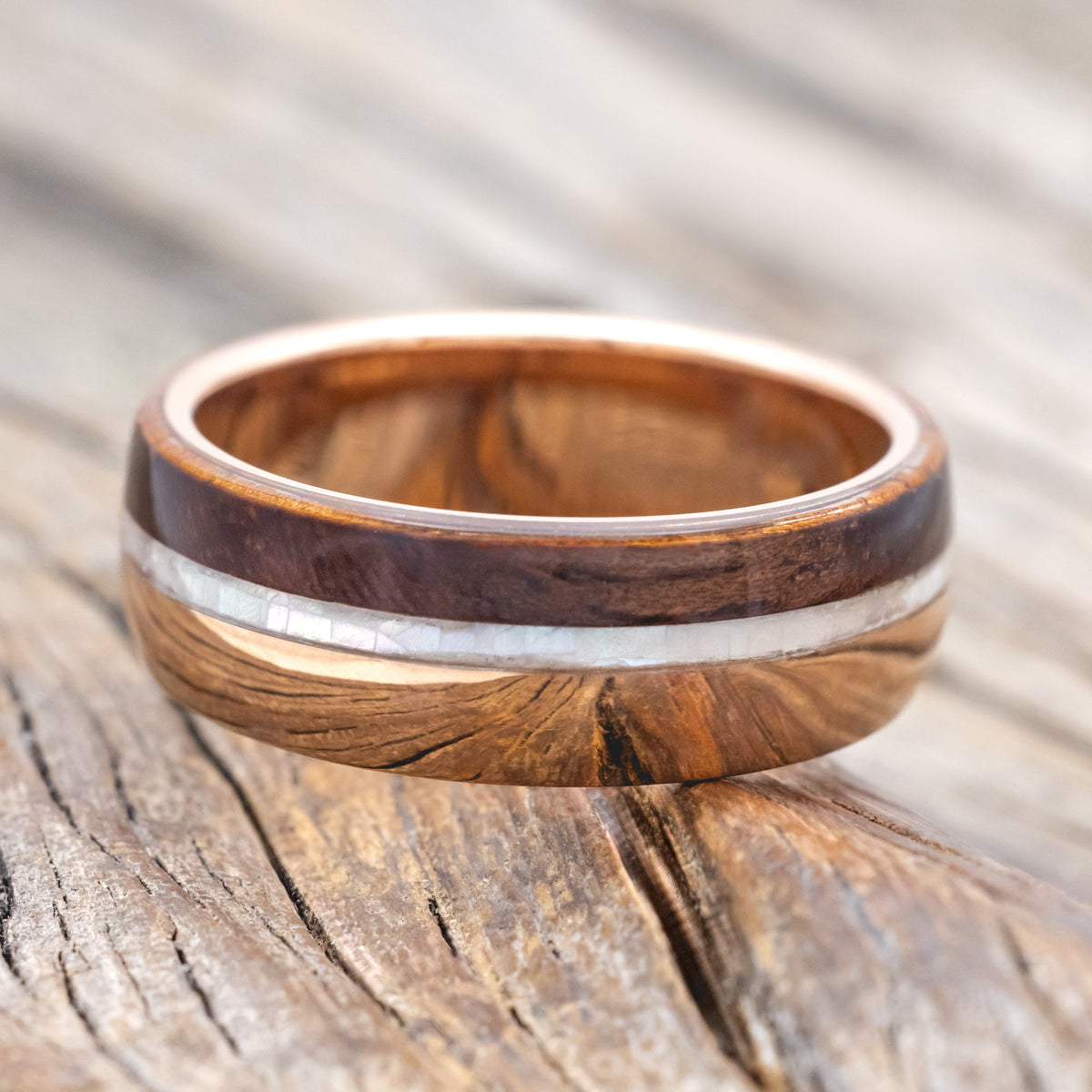 Koa Wood & Mother Of Pearl Wedding Band - 14K Rose Gold (8mm) - Size 11