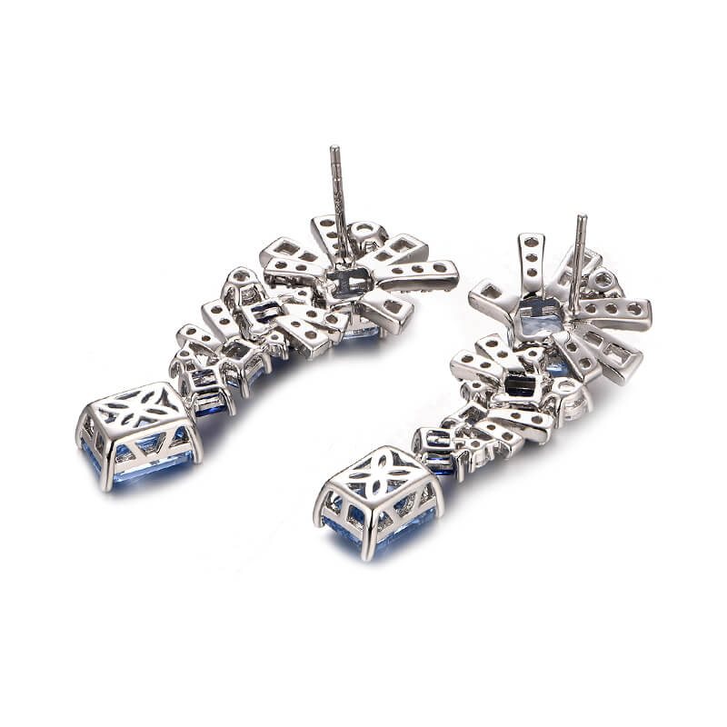Radiant Cut Sapphire Geometric Drop Earrings In Sterling Silver