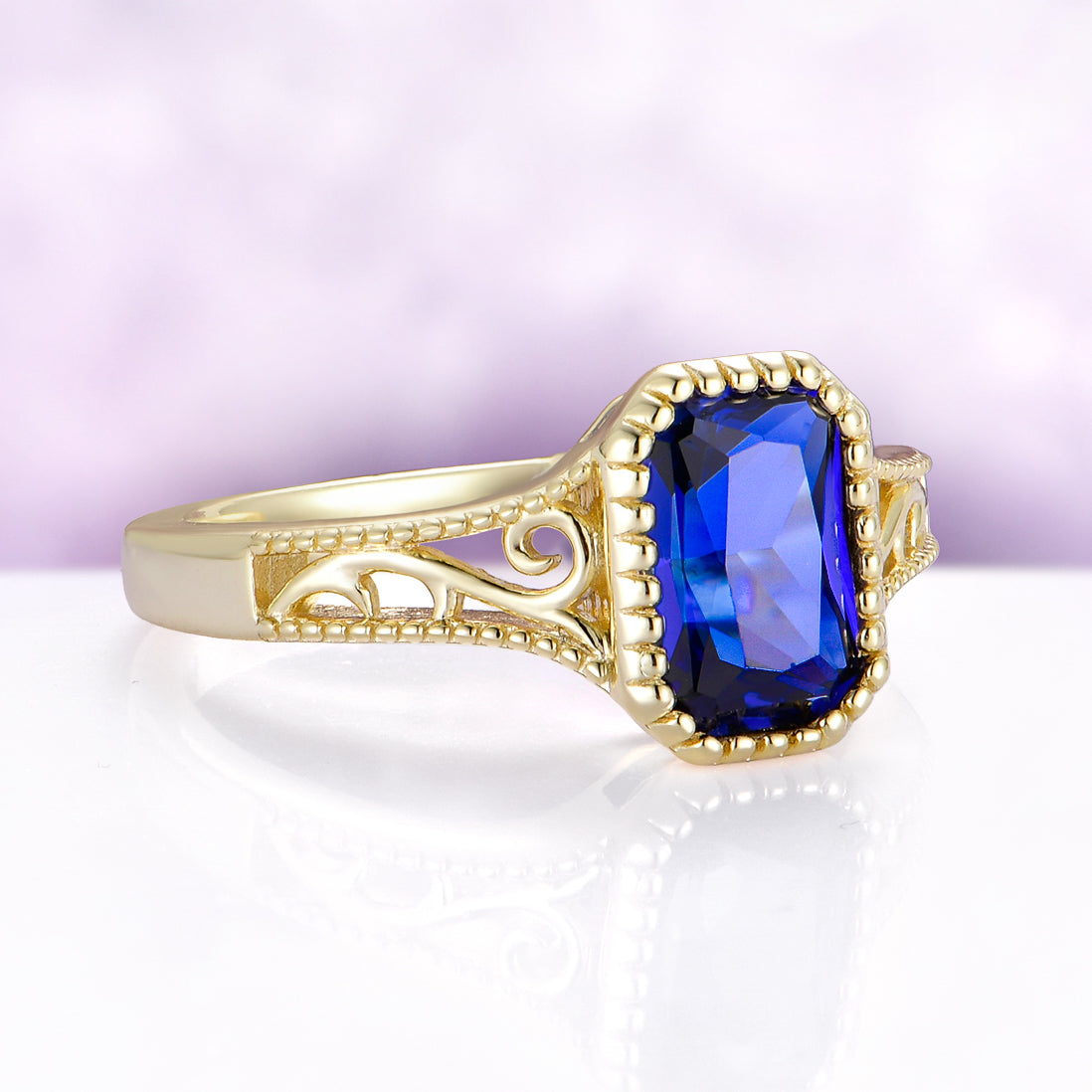 Radiant Cut Vintage Blue Sapphire Engagement Ring in 14K Solid Gold
