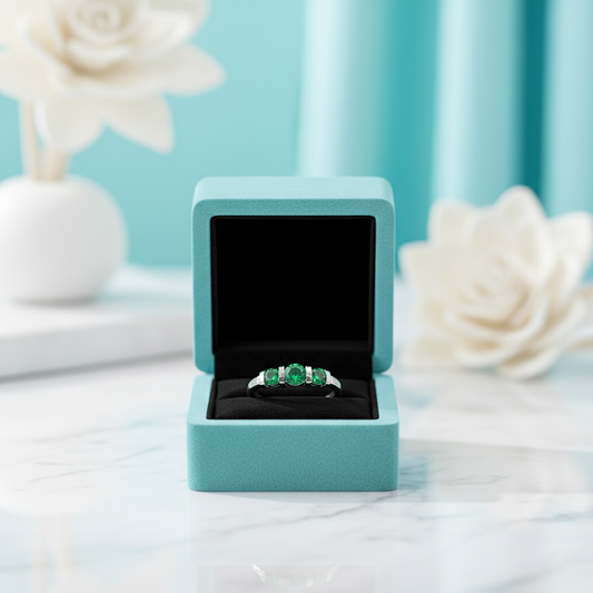 2.4 Ct Round Cut Three Stone Emerald Bar Engagement Ring