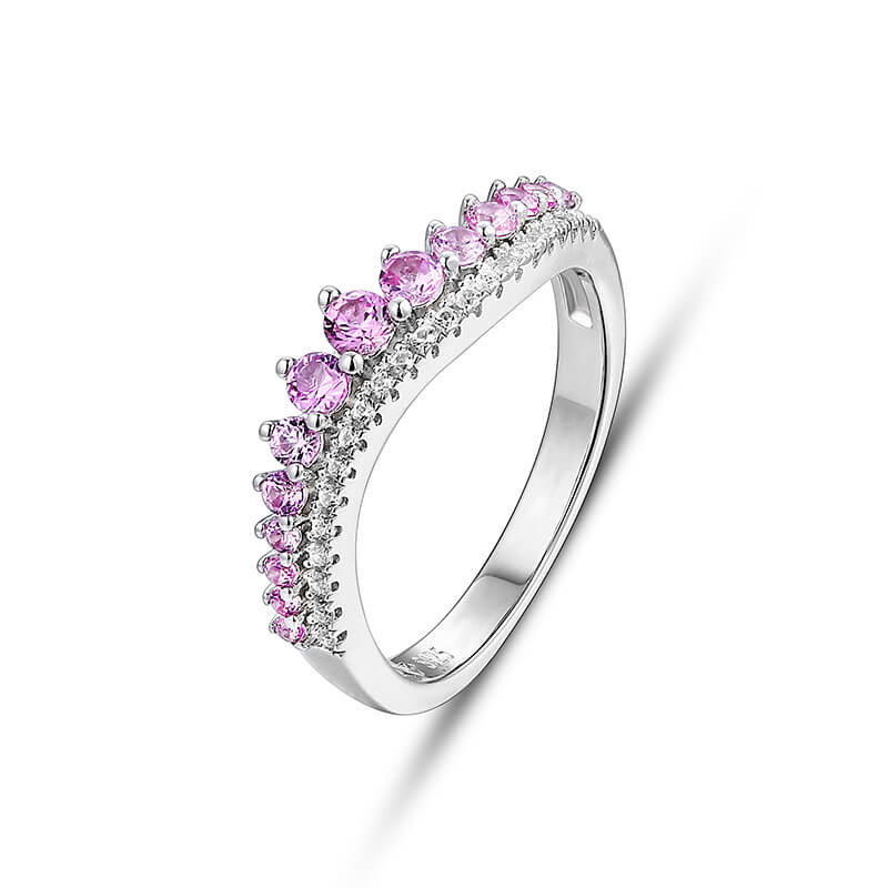 Round Created Sapphire Curved Sterling Silver Wedding Band Ring