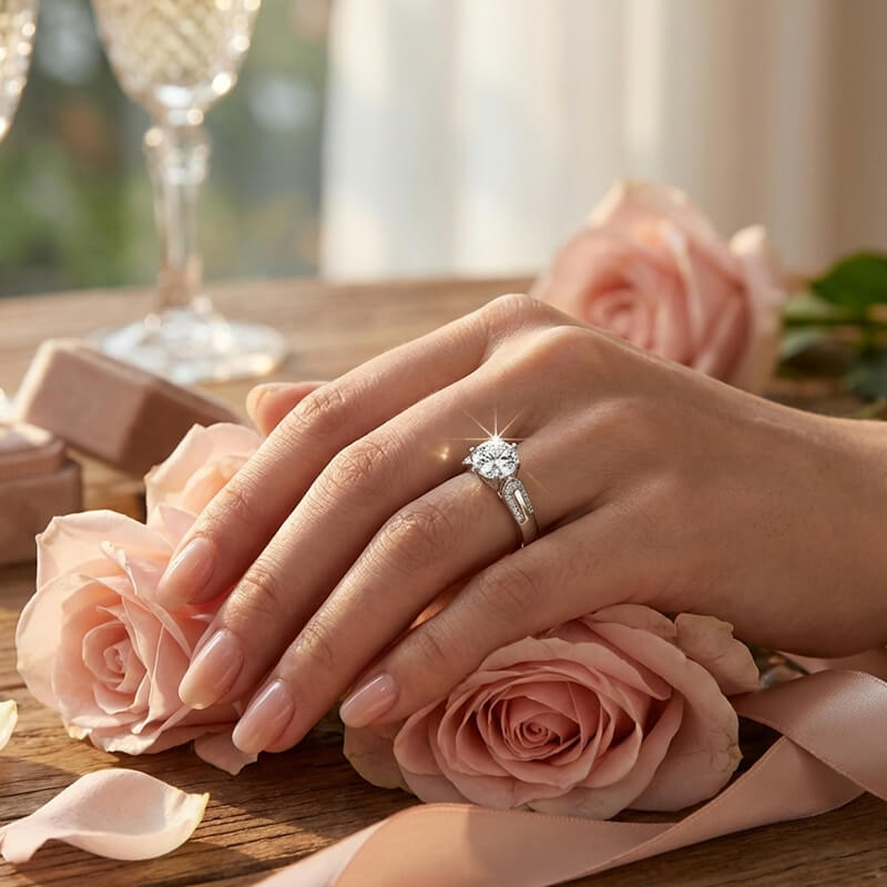 Round Cut Moissanite Engagement Ring with Fluid Pave Accents