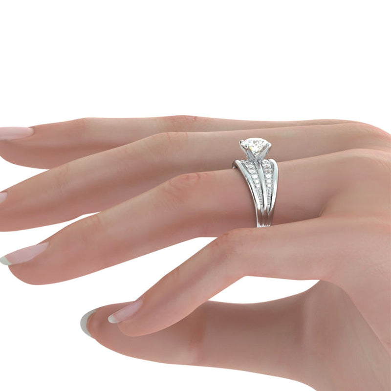 Round Moissanite Graduated Double Row Pave Engagement Ring