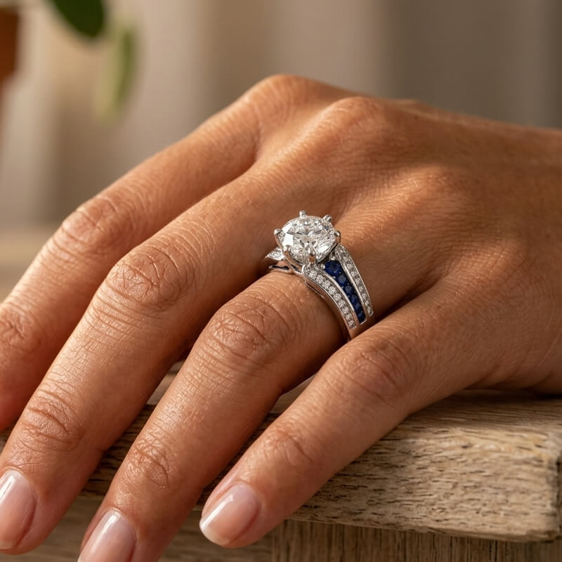 Round Moissanite Sapphire Triple-Row Pave Engagement Ring