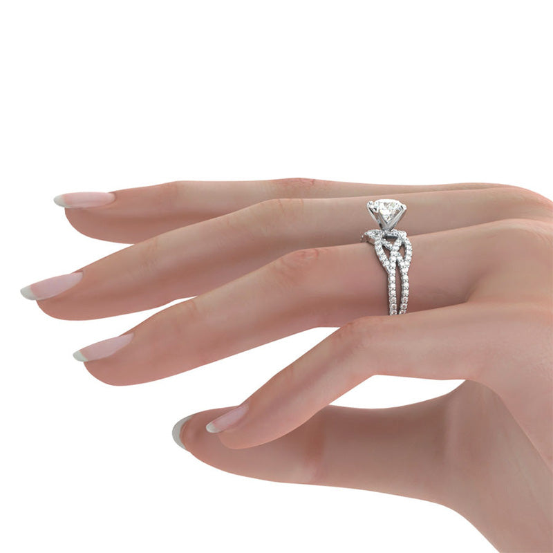Round Moissanite Split Shank Double Twisted Pave Engagement Ring