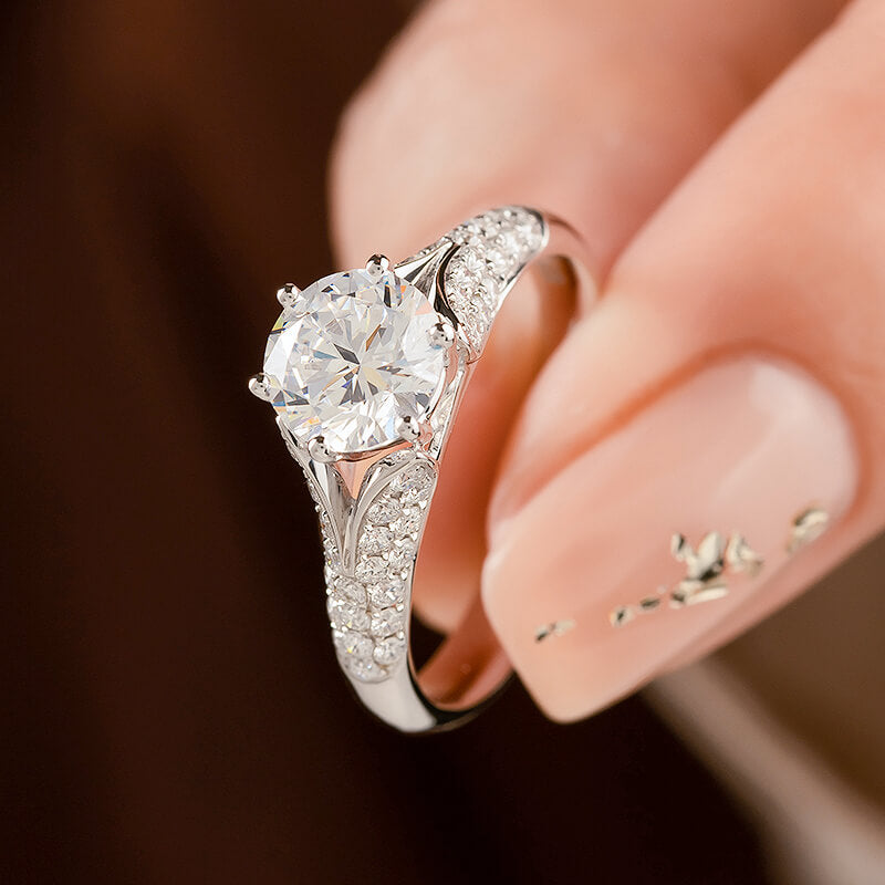 Round Moissanite Split Shank Pave Engagement Ring