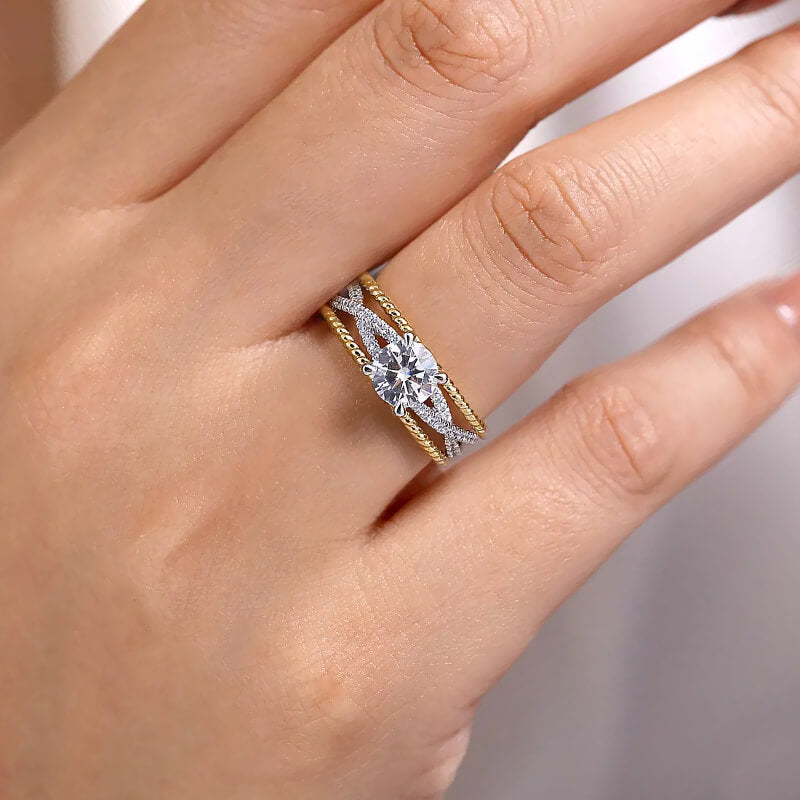 Round Moissanite Twisted Pave Ropes Edges Two Tone Engagement Ring