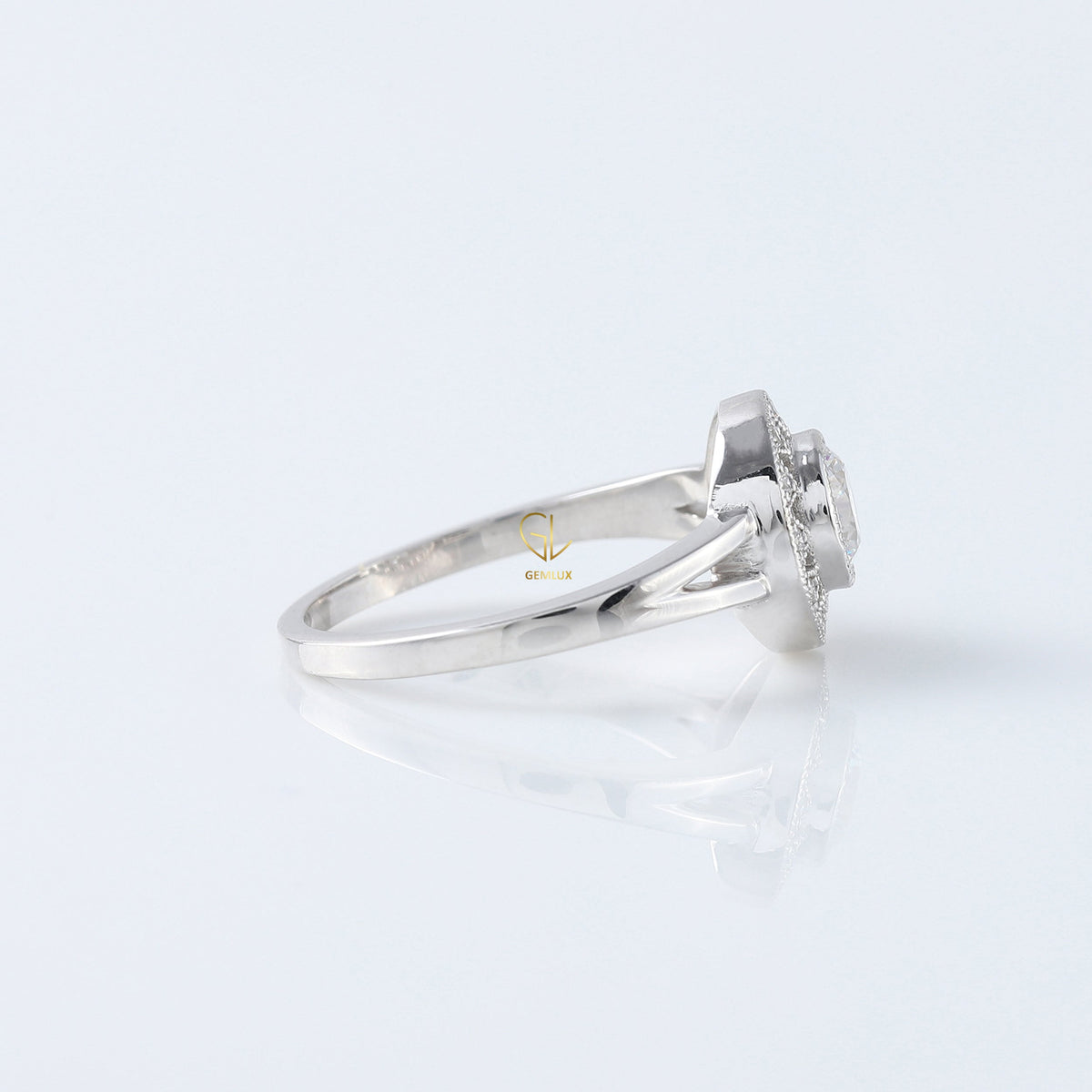 Round Cut Lab Grown Art Deco Split Shank Halo Engagement Ring