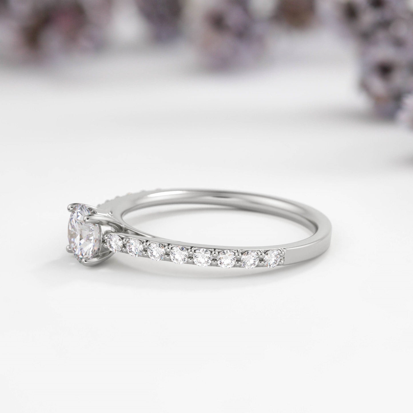 Round Pave Solitaire Lab Diamond Engagement Ring