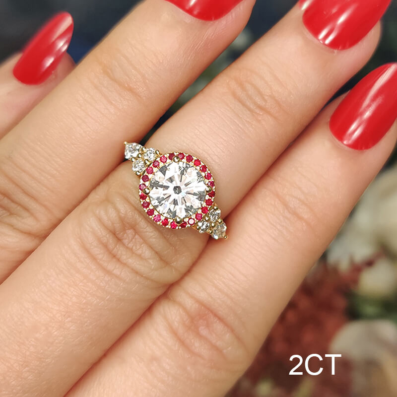 Ruby Halo Moissanite Cluster Side Stone Engagement Ring