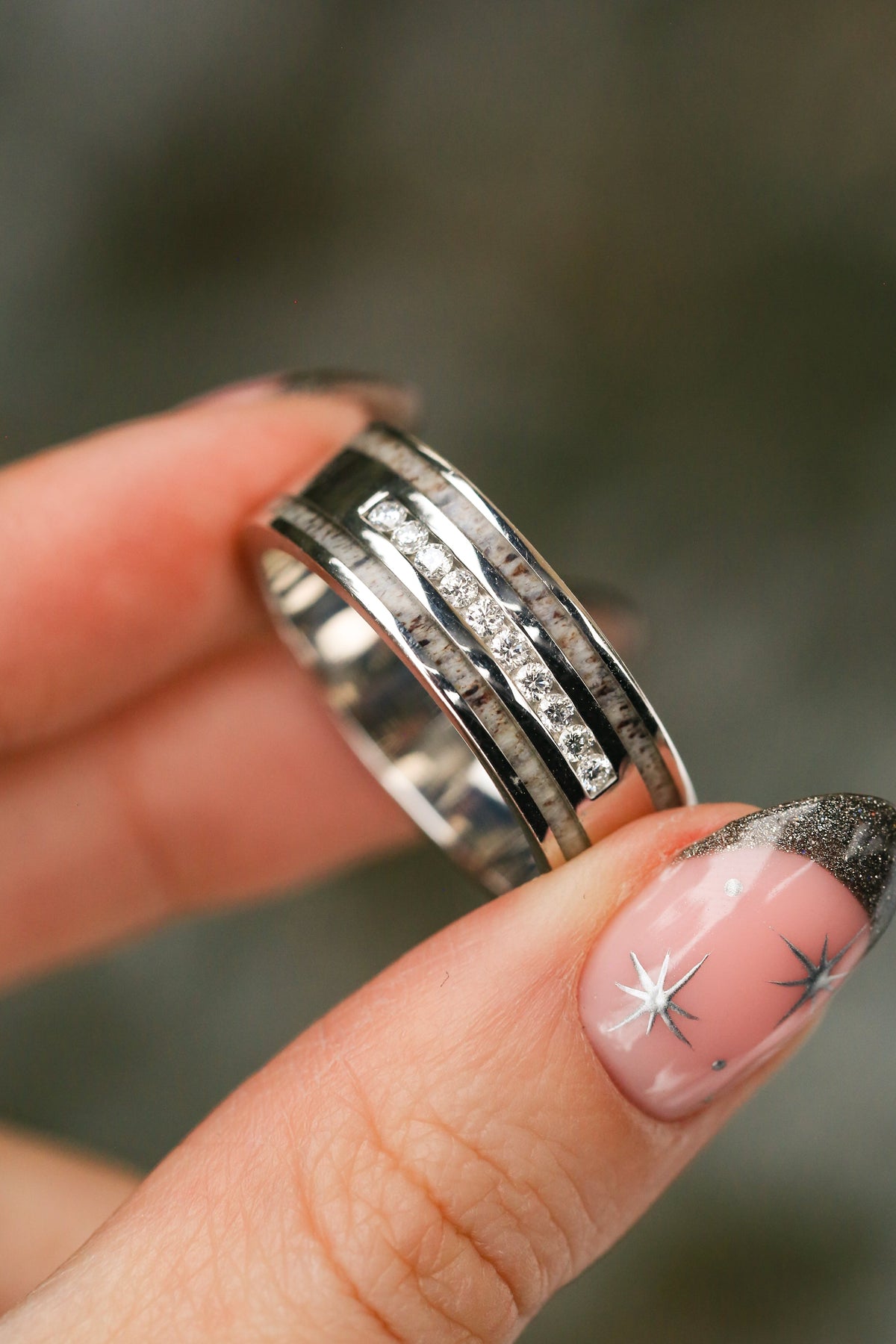 "Ryder" - Diamonds & Antler Inlays Wedding Band - 14K White Gold - Size 9 1/4