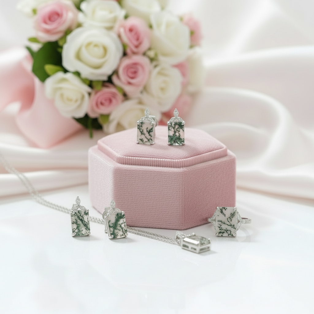 Unique Emerald Cut Natural Moss Agate Jewelry Set