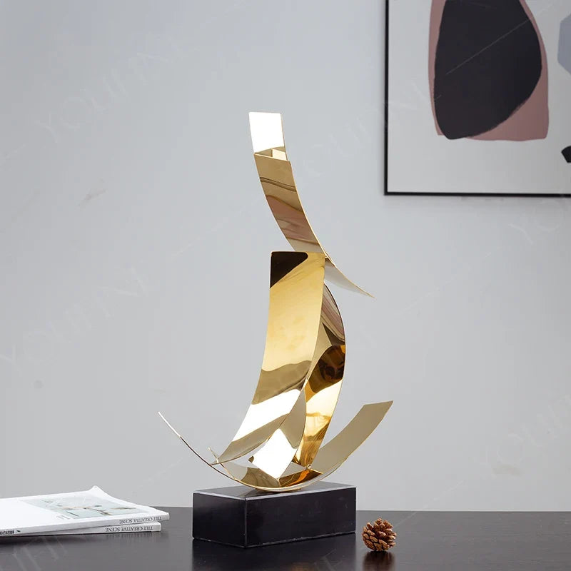 Abstract Polished Steel Ribbon Sculpture with Marble Base