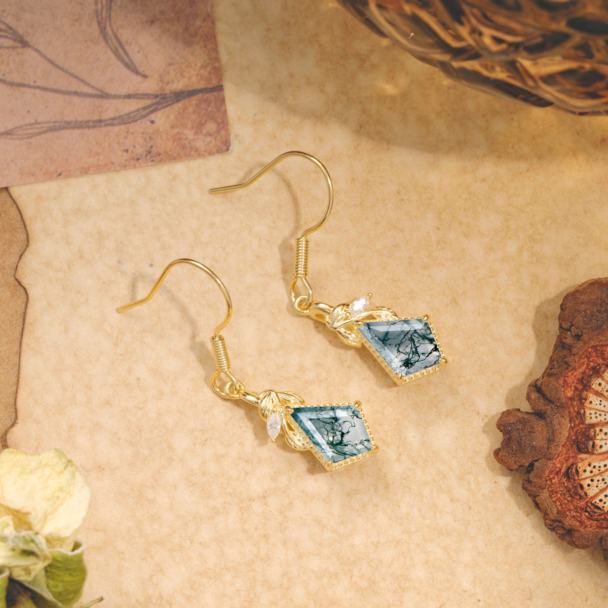 Classic Sparkling Geometric Moss Agate Drop Earrings