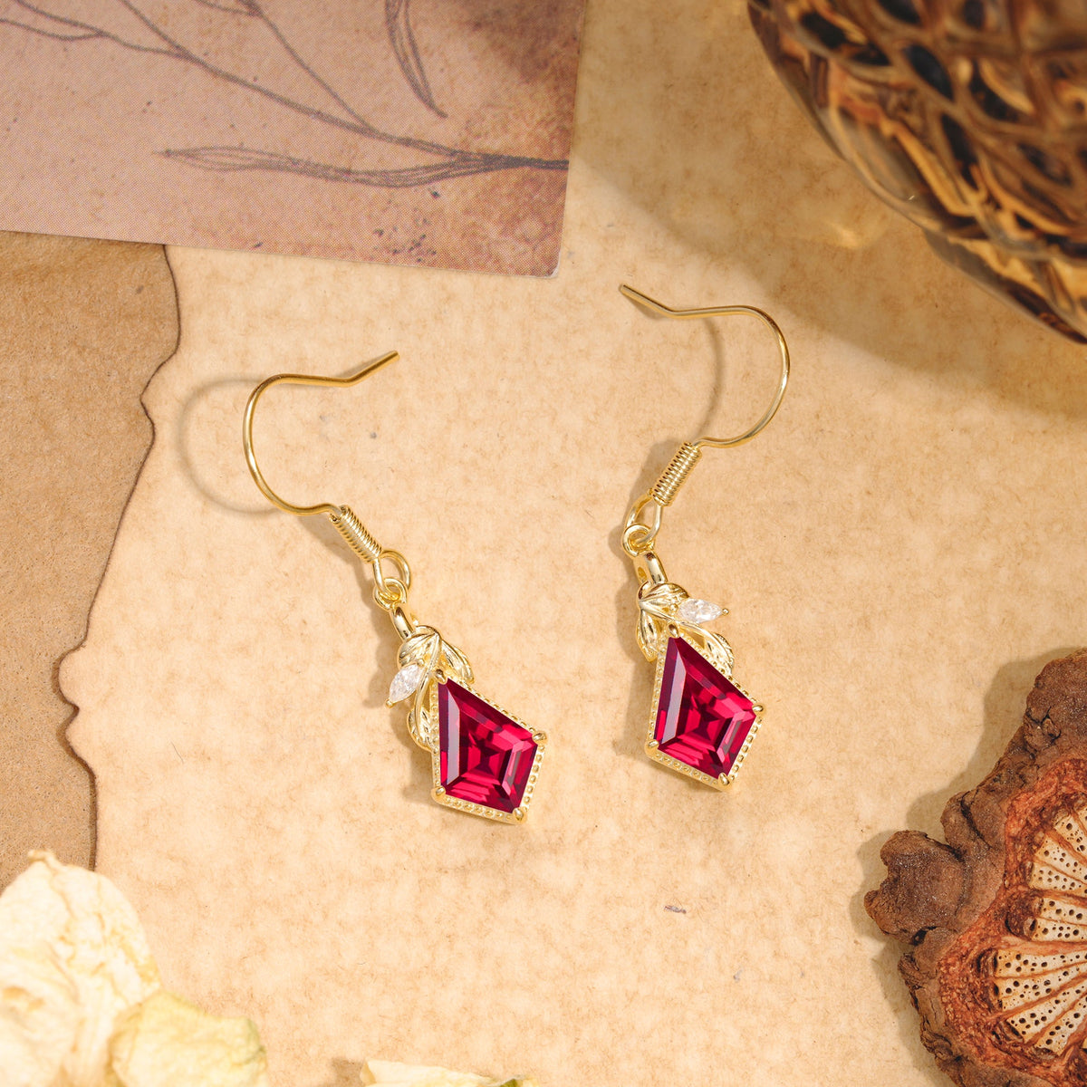 Classic Sparkling Geometric Ruby Drop Earrings