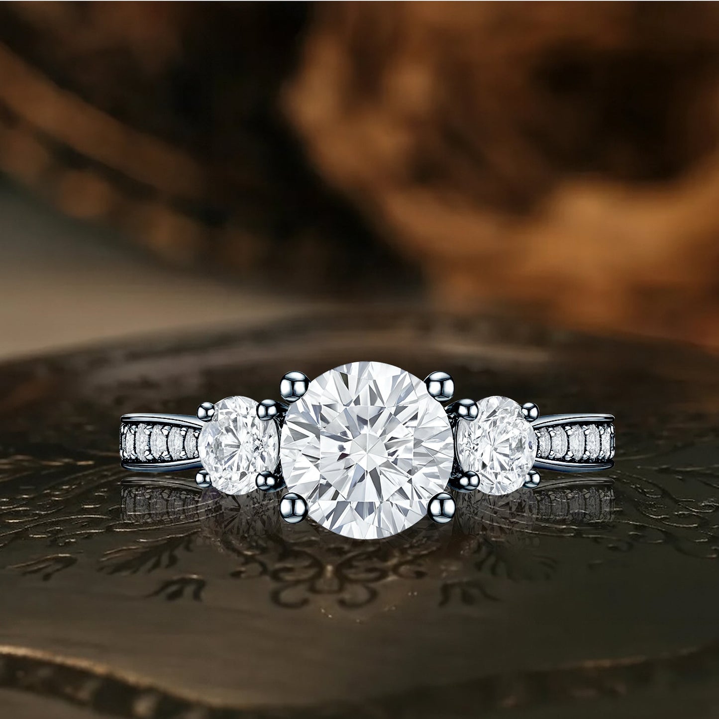 2.25 Ct Round Lab Diamond Three Stone Pave Engagement Ring