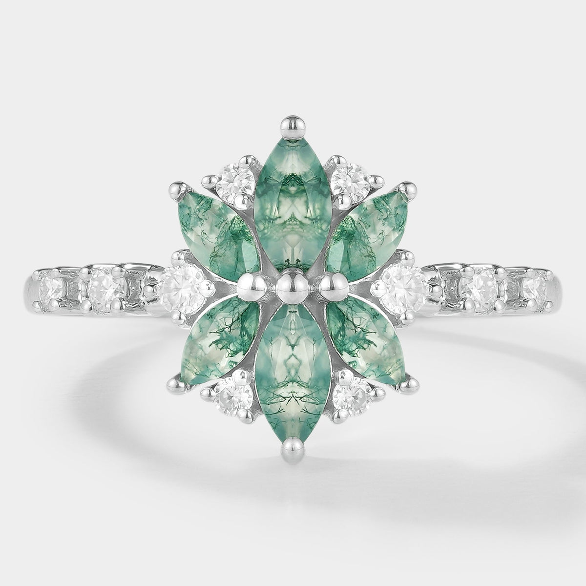 Marquise Cut Moss Agate Petal Engagement Ring