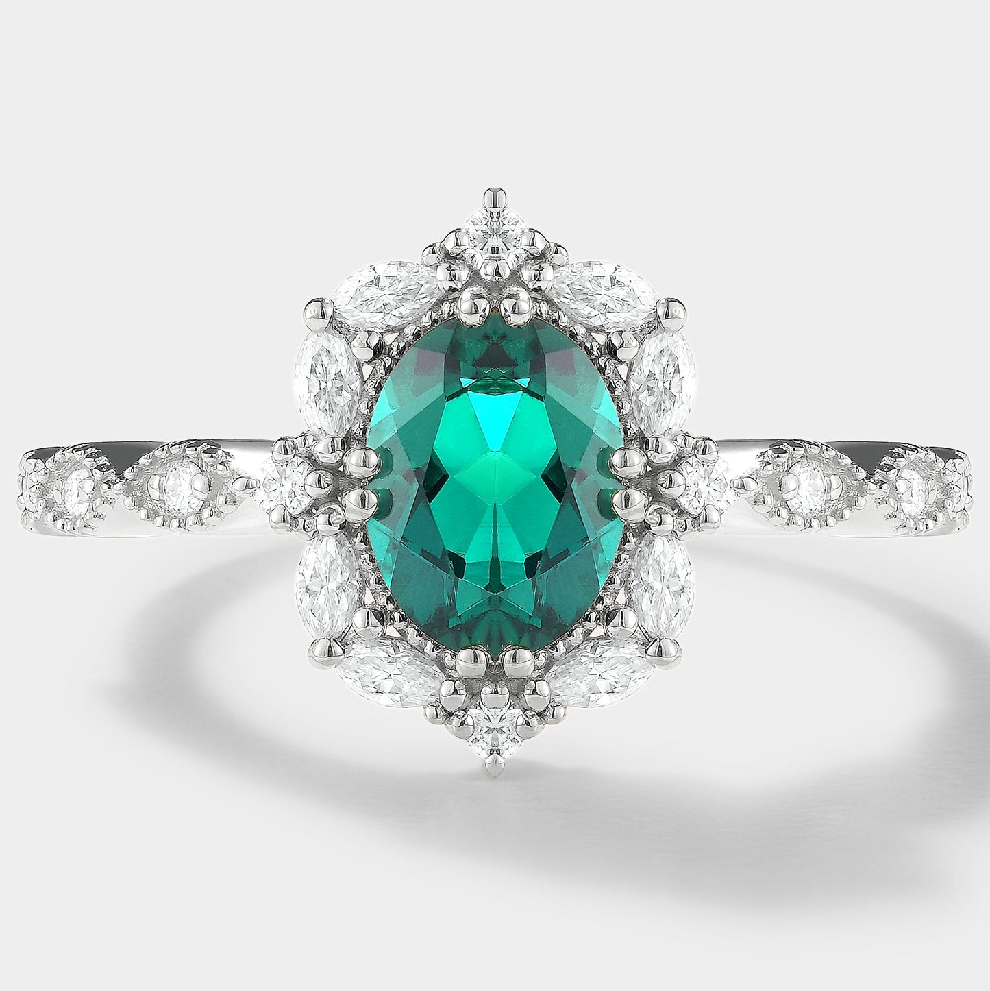Vintage Oval Cut Lab Emerald Engagement Ring Moissanite Cluster